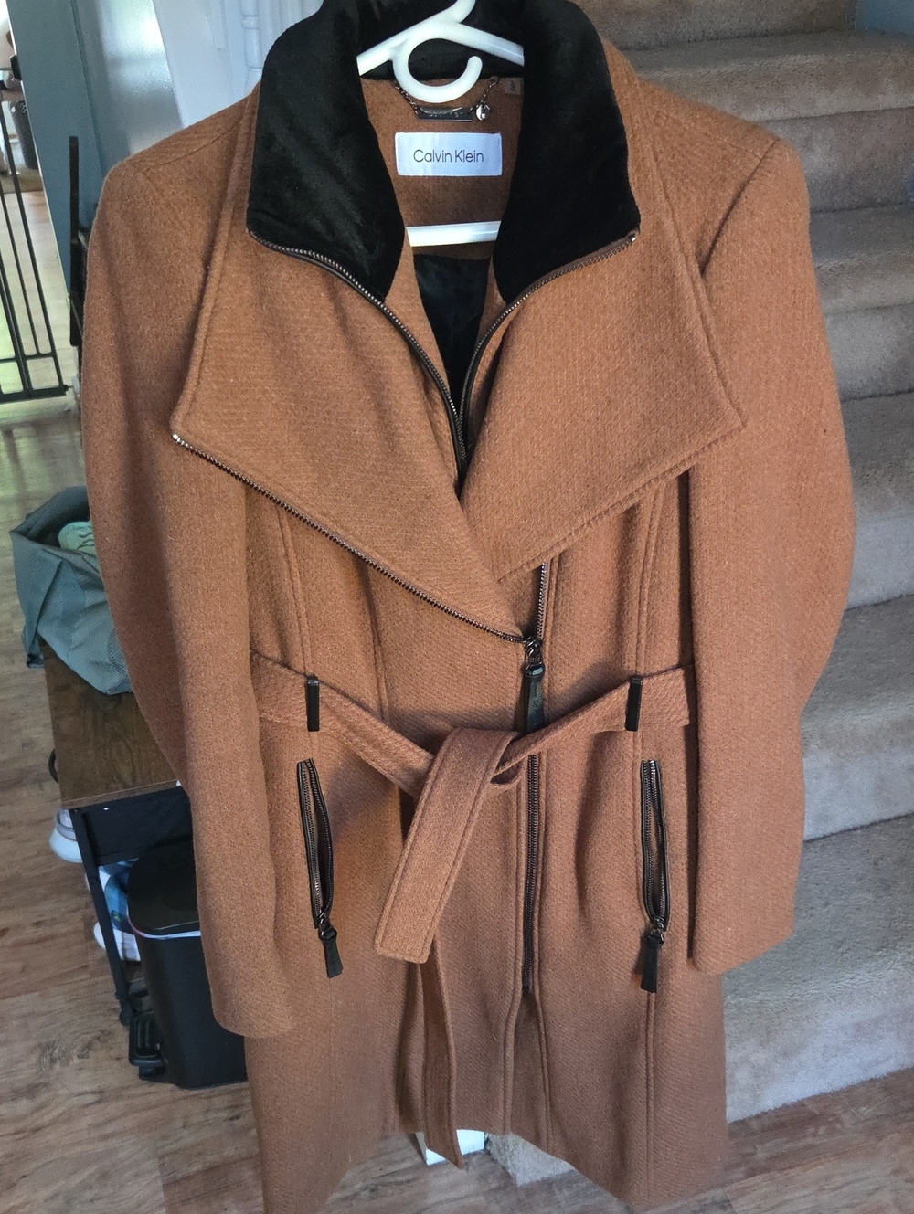 NWOT Calvin Klein Women's Camel Brown Wool-Blend Belted Trench Coat